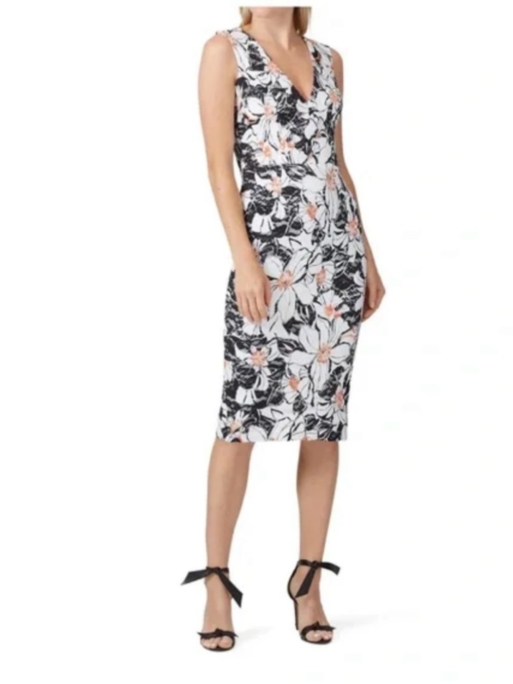 Dress the Population XS Black and White Floral Midi Dress with Pink Accents